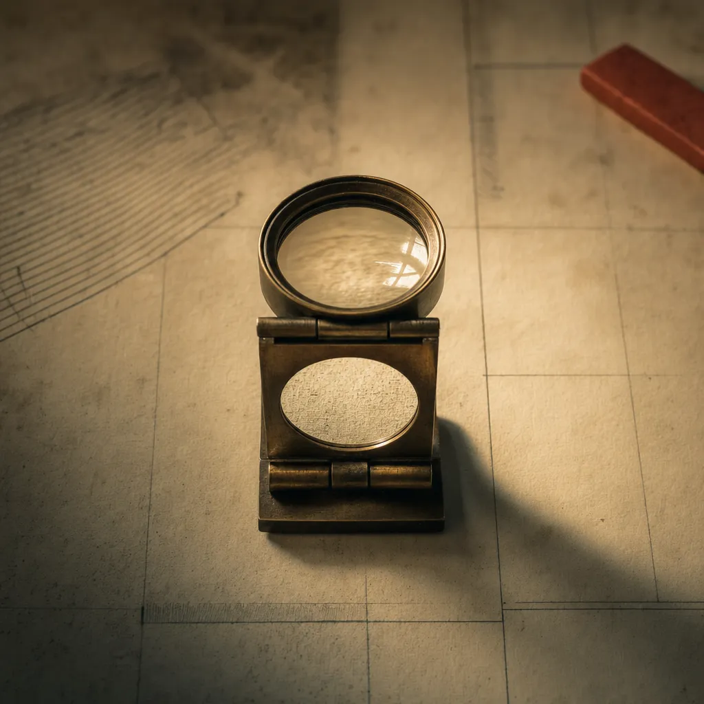 A brass folding loupe standing on an abstract technical drawing in warm light, blank paper texture through its lens and a red rule at the frame's edge.