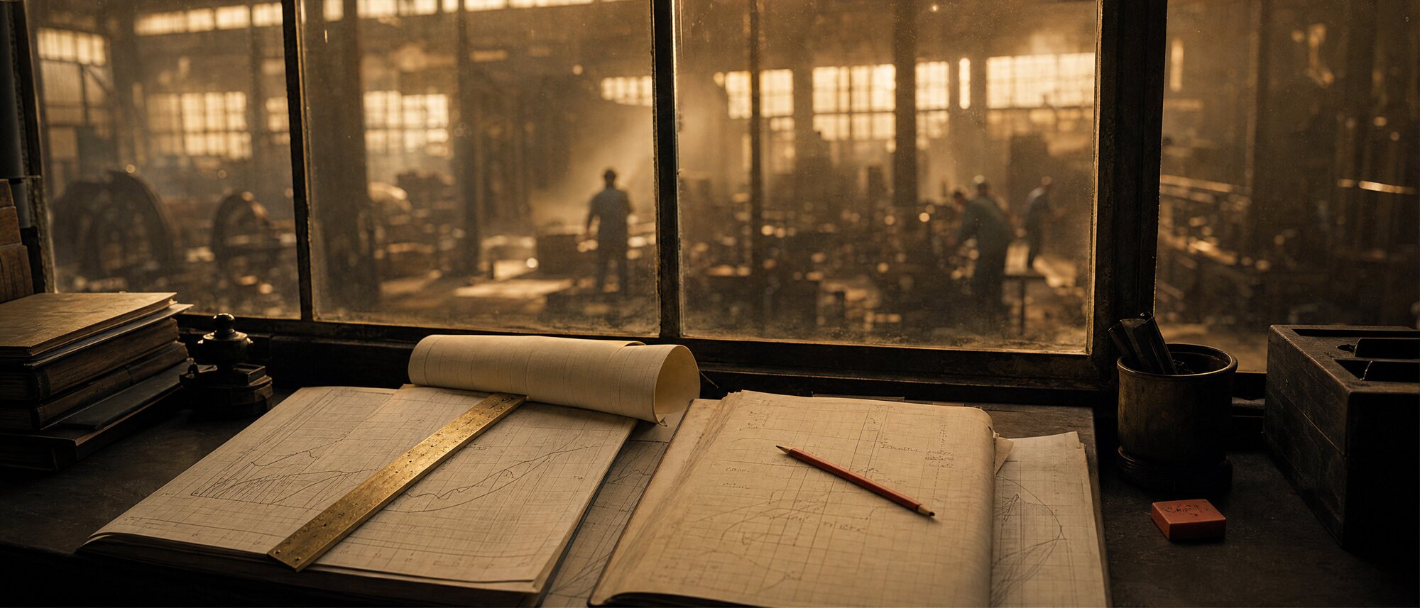 An annotated field desk by a factory window, charts weighted flat with a brass rule and a red pencil resting mid-line, the working floor beyond the glass in warm haze.