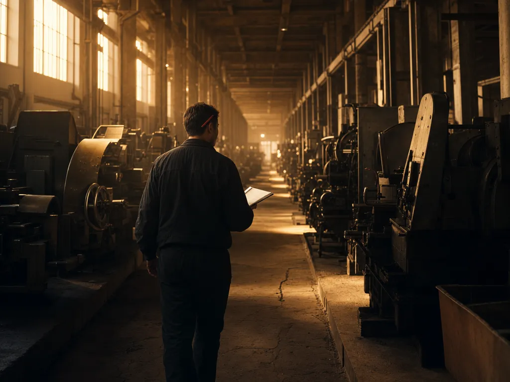 A figure seen from behind walking a quiet factory aisle at first light with an open notebook, a red pencil tucked above one ear.