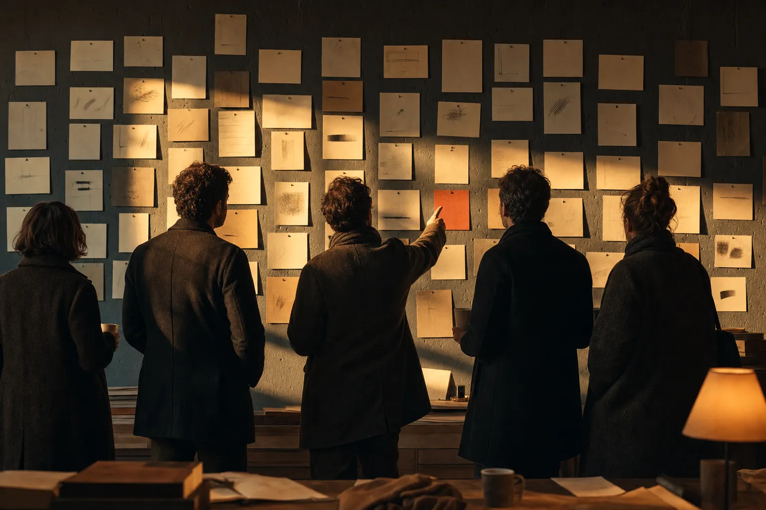 Five colleagues seen from behind at a wall of pinned cards in early light, one pointing at a single terracotta card among the blank ones.