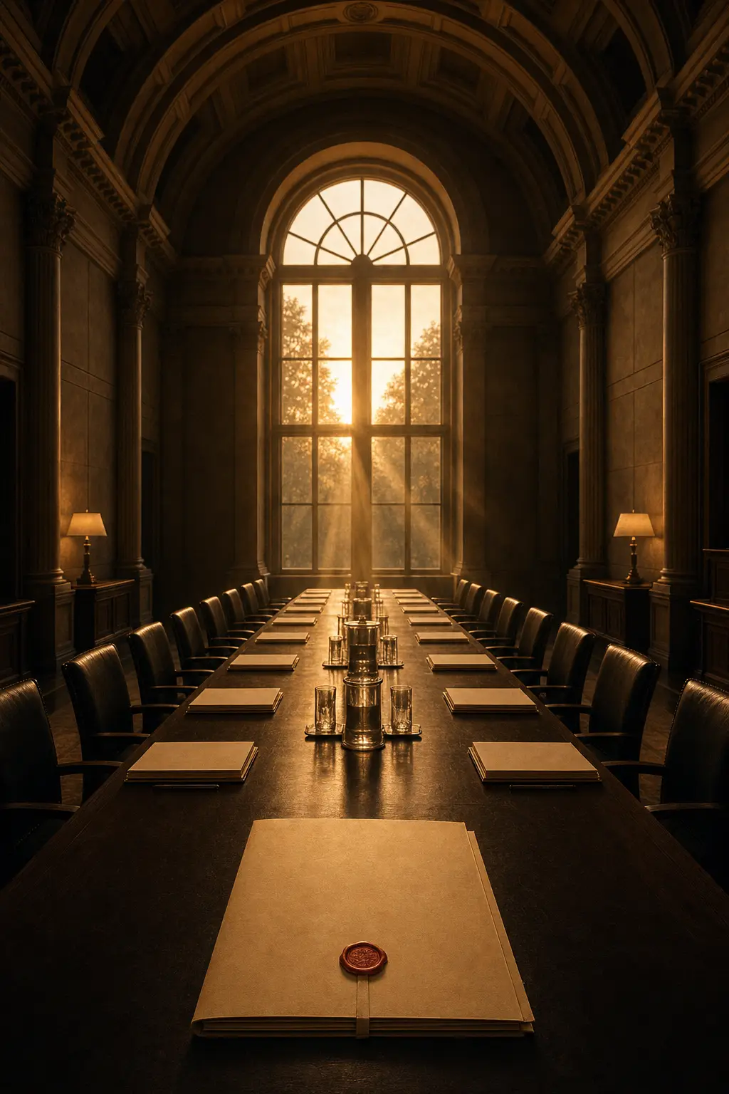 A long deal table set for two parties with squared document stacks and empty chairs, dawn raking down its centerline from tall windows, a red wax seal on the nearest folder.