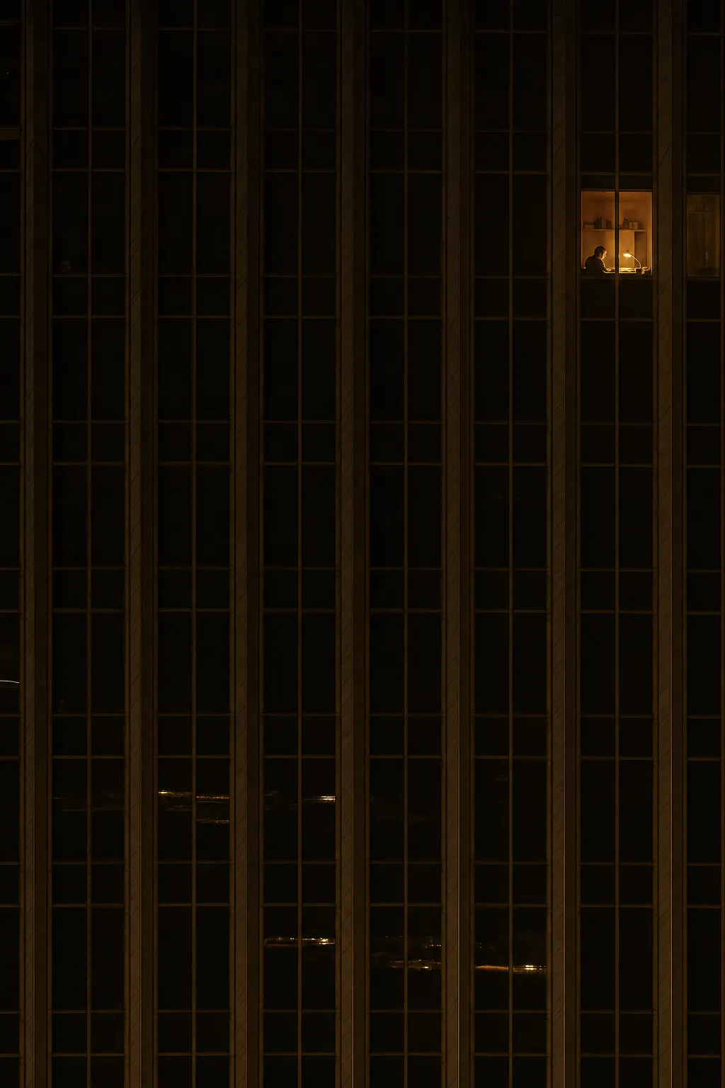 A dark office facade at night with a single warmly lit window high in the grid, its tungsten glow the only light in a warm charcoal darkness.