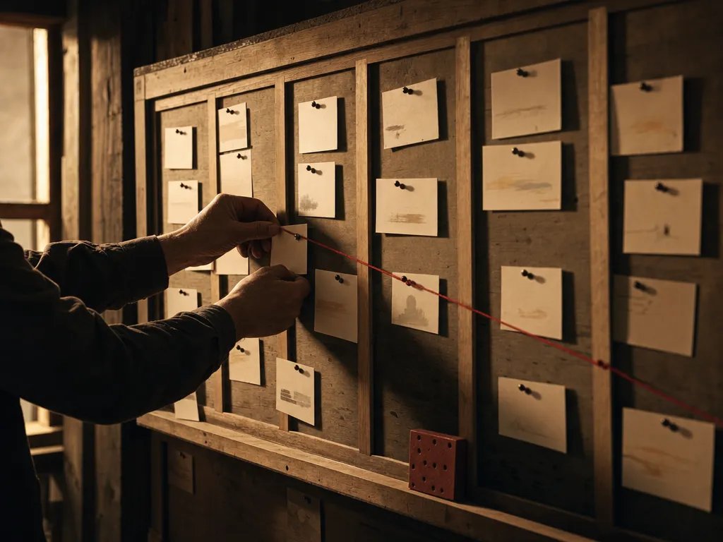 Hands pinning the next card to a planning wall of blank index cards joined pin to pin by one taut red thread.