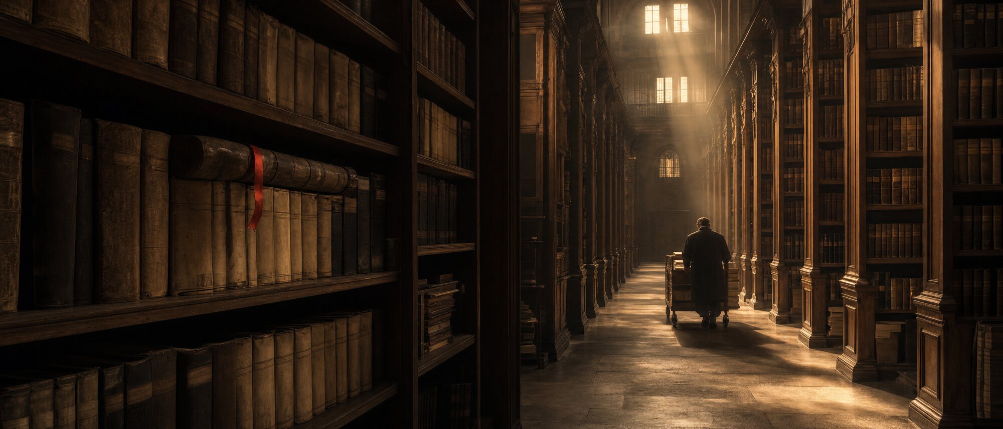 A grand archive hall with god-rays falling between tall stacks of bound ledgers, a lone figure pushing a wooden cart far down the central aisle and a red ribbon marking one near volume.