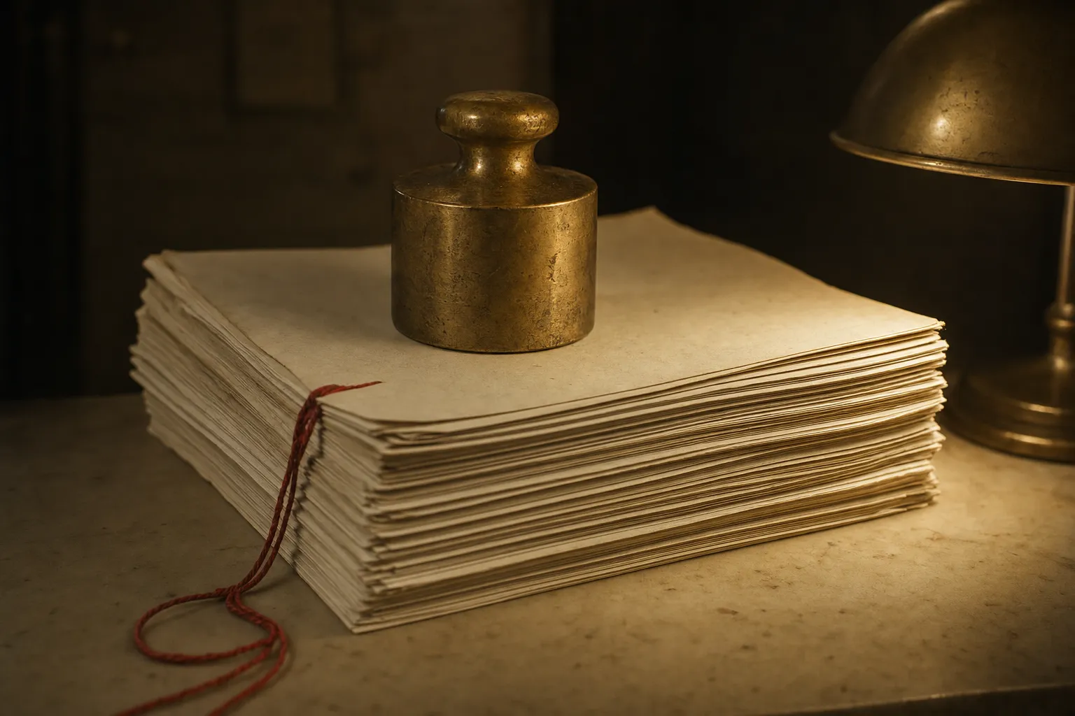 A tall paper stack compressed under a heavy brass weight, sheet edges rippling and a red string tie trailing, in raking lamplight.