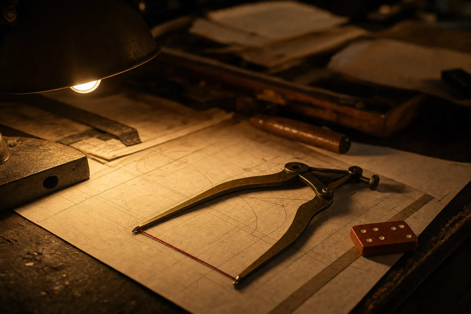 Brass calipers open across an abstract technical drawing, red thread laid beneath one jaw to mark the span.