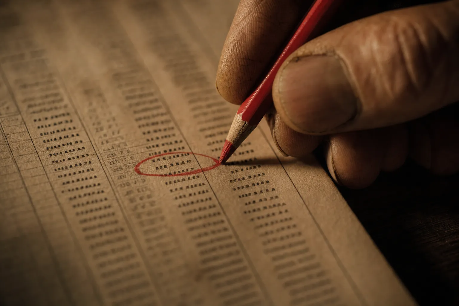 A hand closing a red pencil circle around one line of an unreadable ledger column in low golden light.