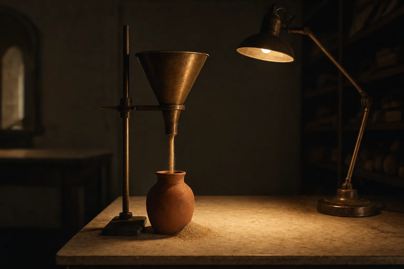 A brass funnel pouring a stream of sand into a narrow-necked terracotta jar under a single warm lamp.