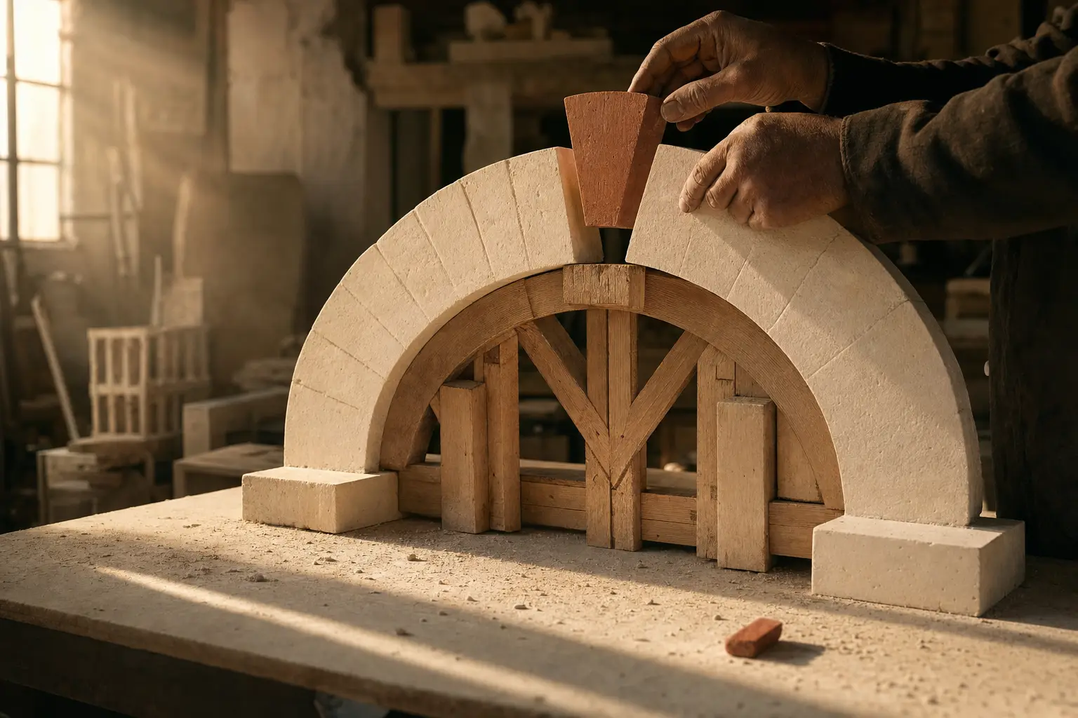 Fingertips lowering a terracotta keystone into the gap of a plaster model arch in raking light.