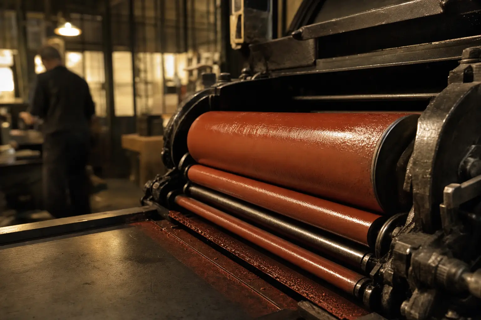Letterpress rollers carrying a film of terracotta-red ink, the machine's frame warm with oil sheen in low light.