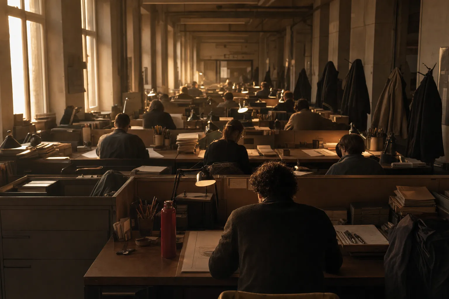 A studio office at golden hour with every bench occupied and every lamp lit, figures from behind, a red thermos on the nearest desk.