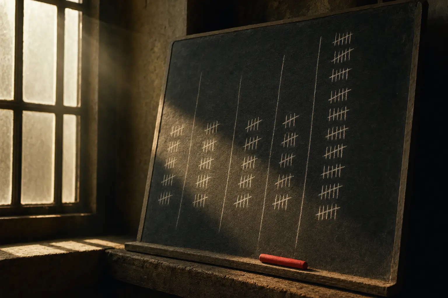 Chalk tally columns on a slate board with one column plainly taller, a stick of red chalk on the ledge beneath it.
