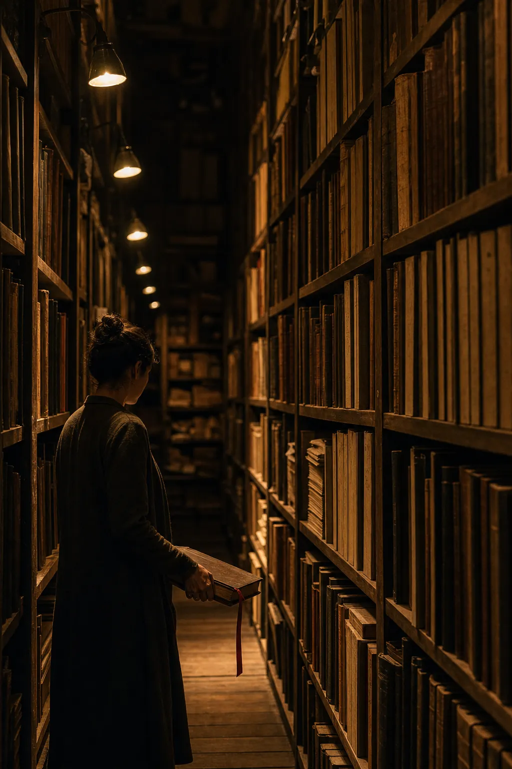 An archivist in profile carrying a bound volume with a trailing red ribbon down a narrow aisle of tall ledger shelves.