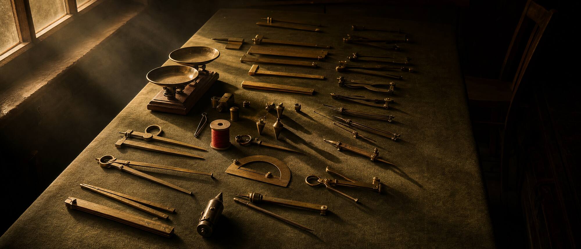 Measuring instruments laid in ordered rows on a baize-covered table in raking window light, brass calipers and dividers casting long shadows, a spool of red surveyor's thread among them.