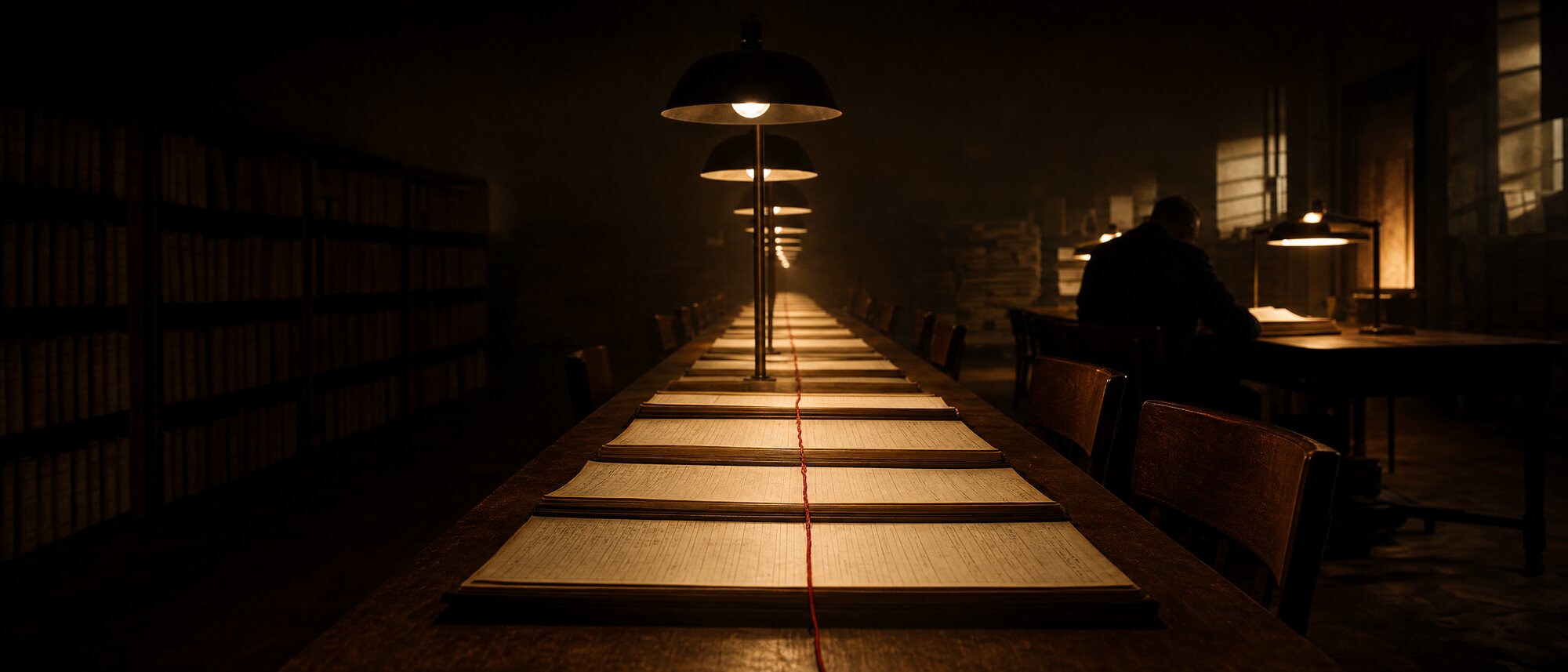 A decades-long run of open ledgers laid end to end down a lamplit table, a single red thread running the length of the series.