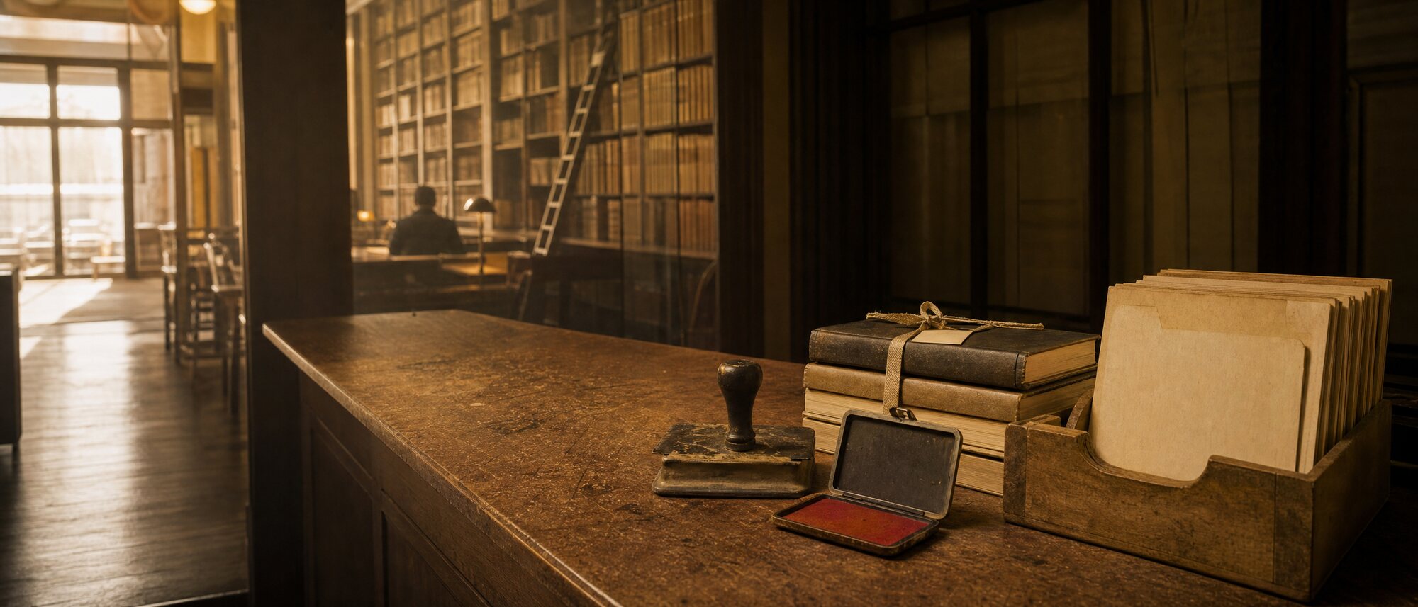 A library issue desk in morning light with a date stamp, a wooden card tray and a strapped stack of volumes ready to go out, an open red-ink stamp pad beside them.