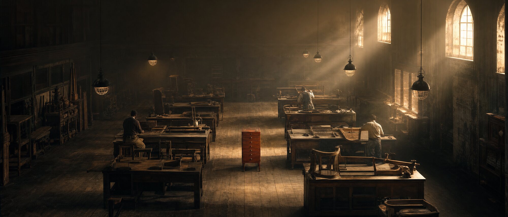 An elevated view across a restoration workshop at morning, rows of workbenches under hanging caged lamps with god-rays through high windows, three small figures at work and one terracotta tool cabinet mid-floor.