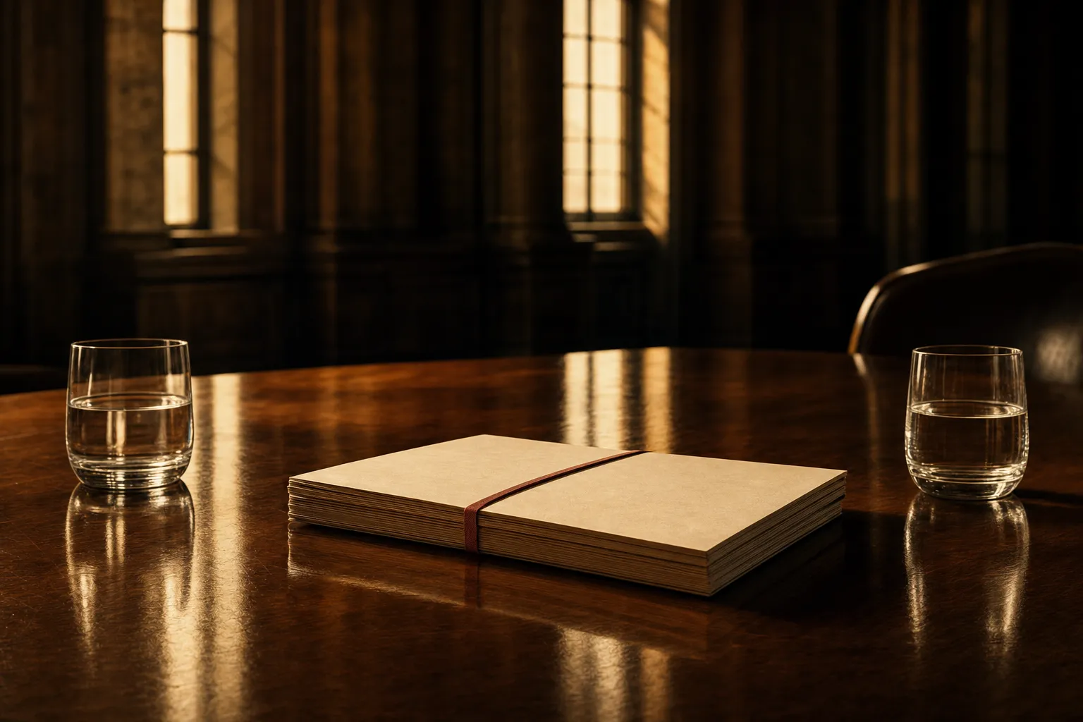 Two water glasses facing each other across a polished table with a red-banded document set squared between them, tall windows reflected in the wood.