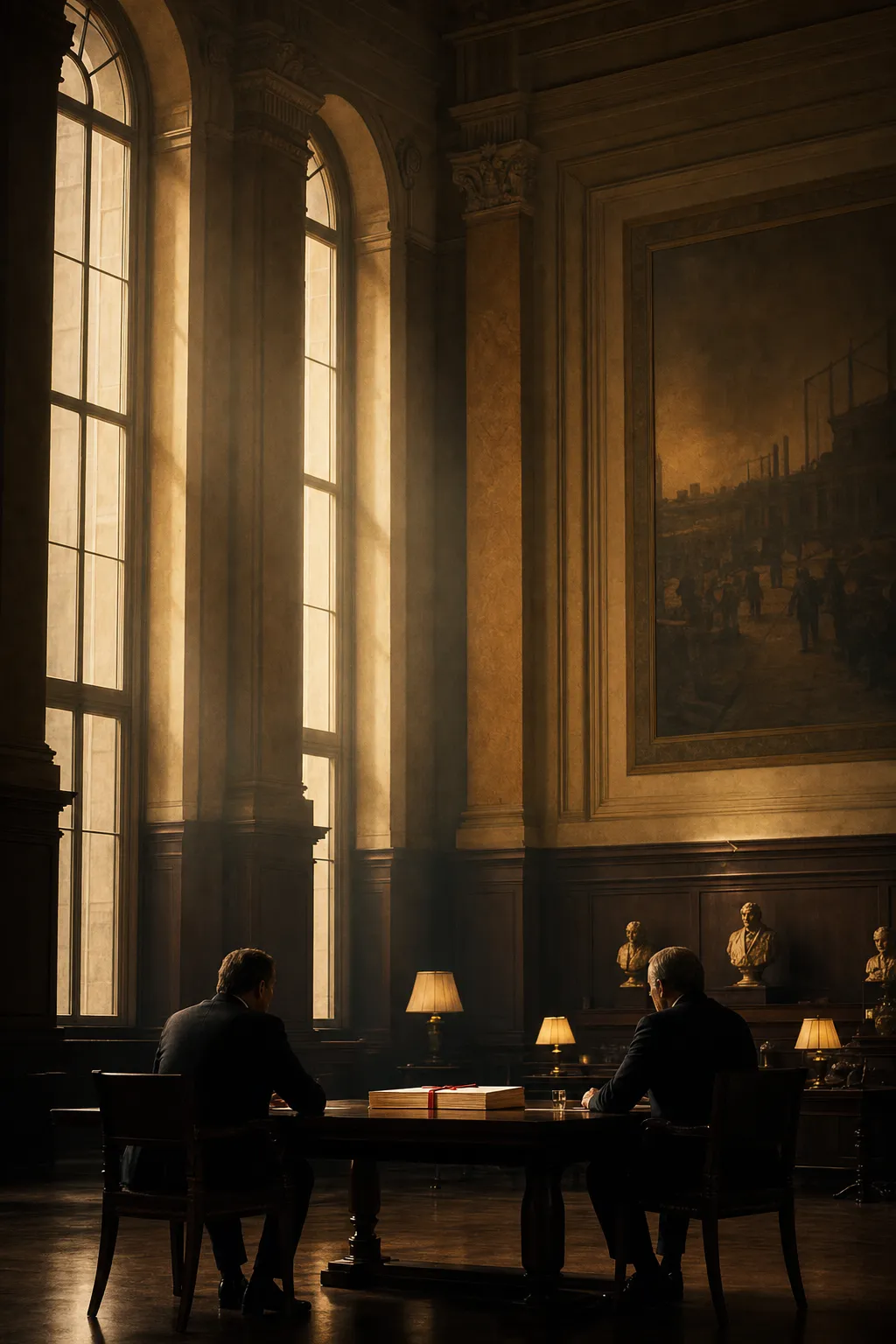 A small negotiation table with two facing parties at the base of a vast sunlit hall, tall windows rising above, a red-banded document set on the table.