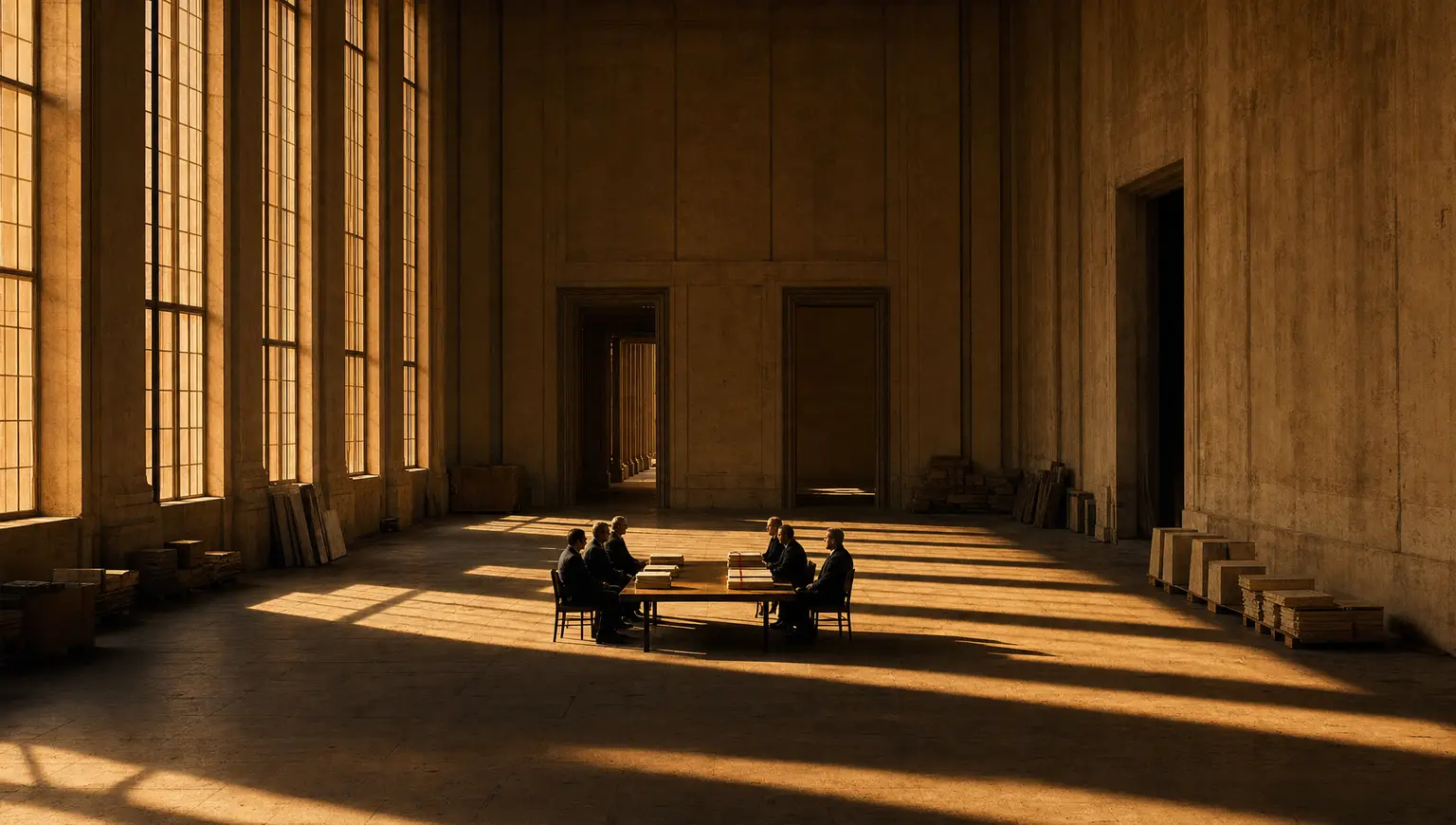 Two small groups facing each other across a modest table in a vast sunlit hall, long window shadows on the stone floor and one document set bound in red.