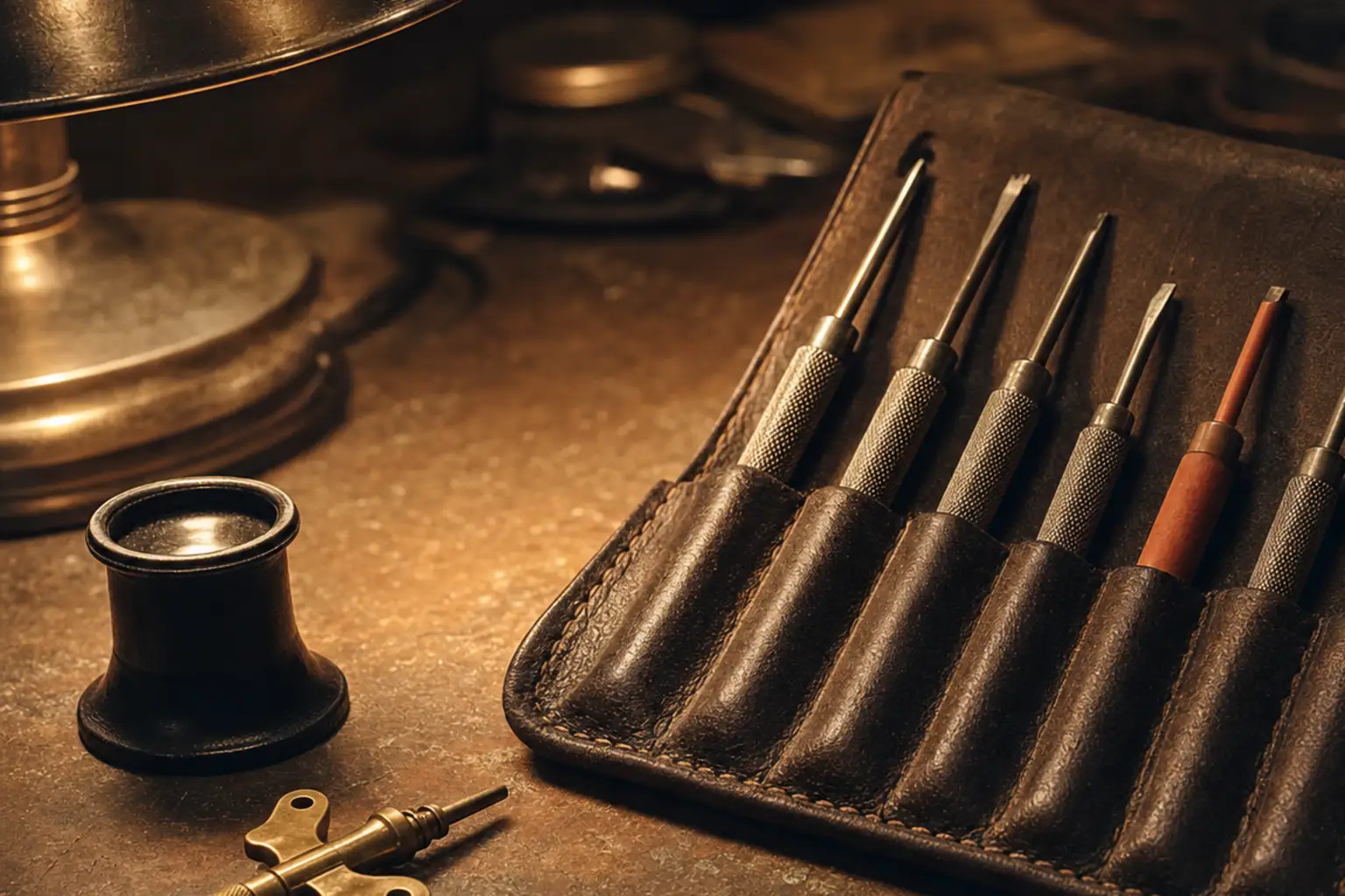 Watchmaker's screwdrivers fanned in a leather roll beside a loupe, one terracotta handle standing out under raking bench light.