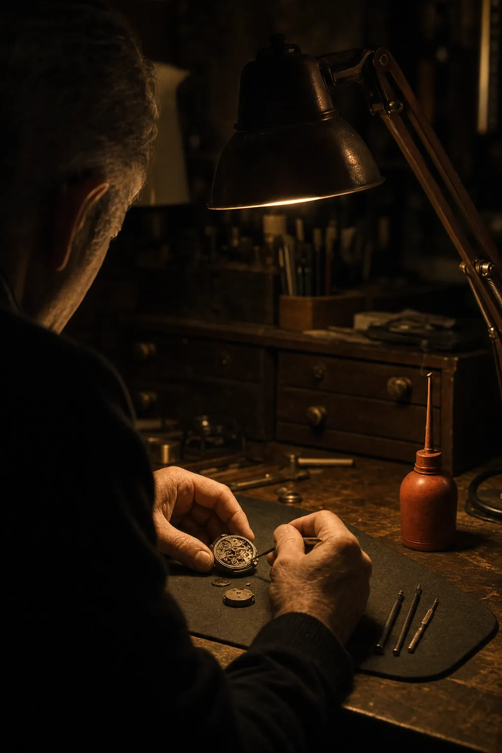 Hands at work over an opened mechanism in a lamp's warm cone, the workshop dark beyond, a terracotta oil bottle at the bench mat's edge.