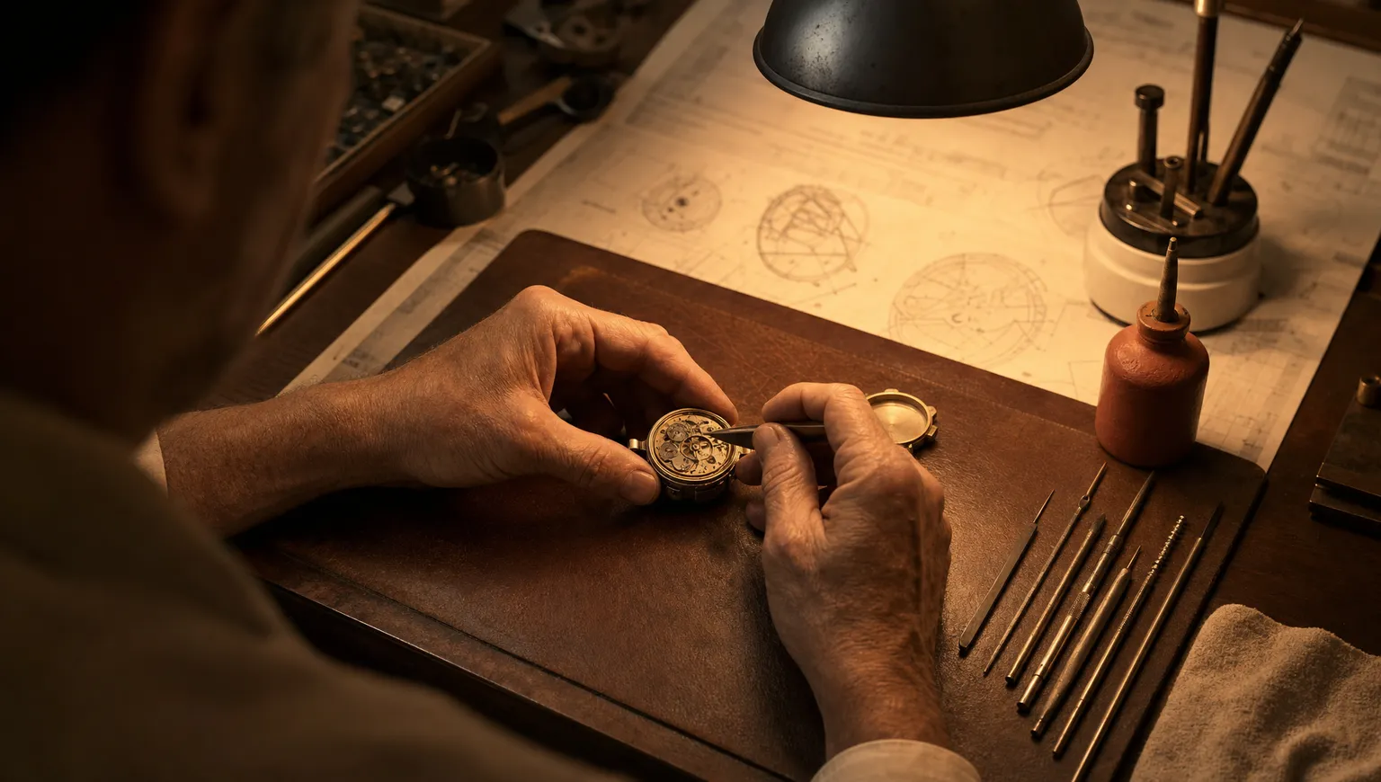 Experienced hands repairing an opened precision mechanism over abstract technical drawings, a small terracotta oil bottle at the corner of the leather bench mat.