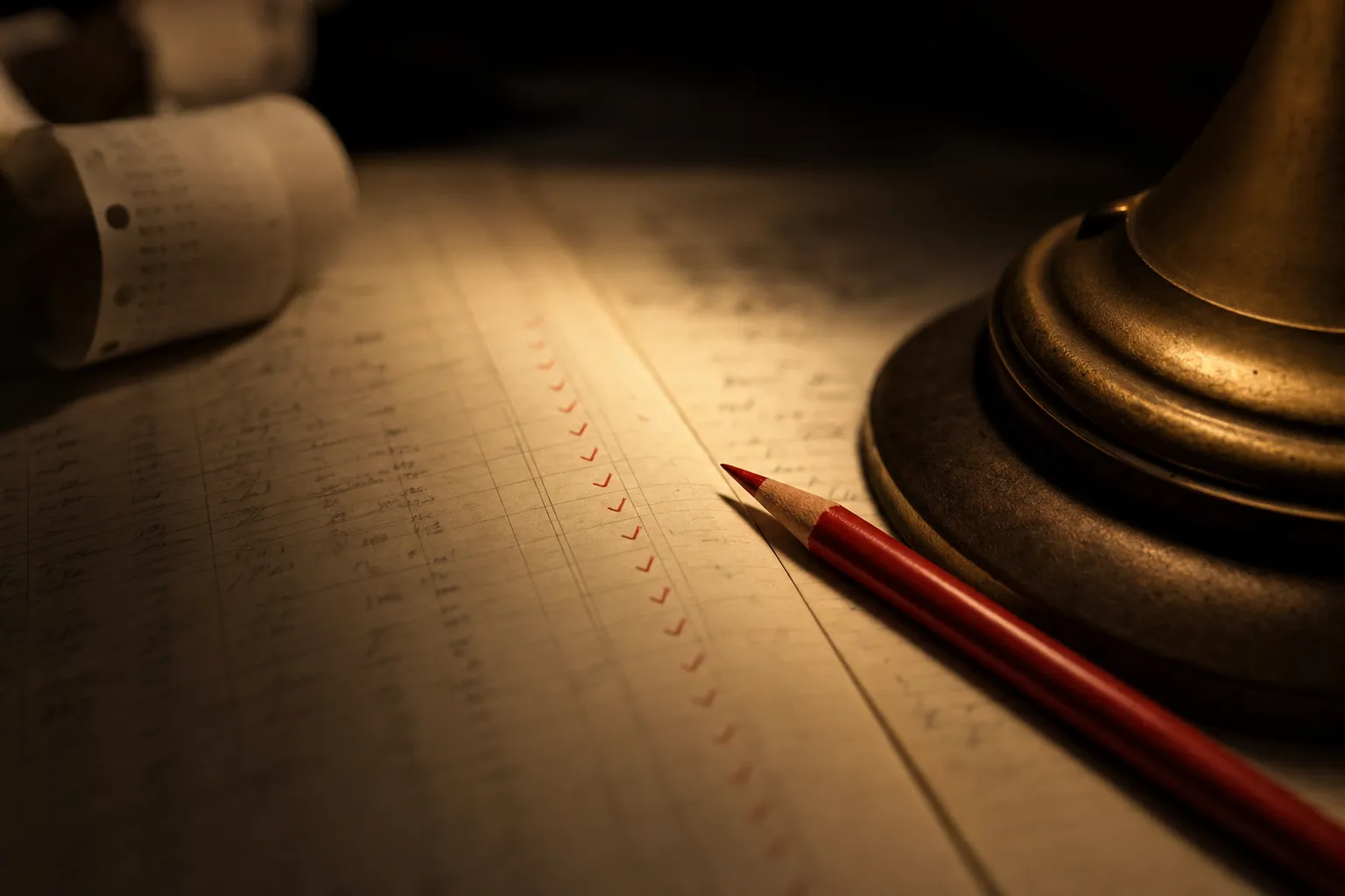 Adding-machine tape curling beside a ledger page marked with red ticks in a small pool of lamplight, a red pencil at rest, darkness beyond.