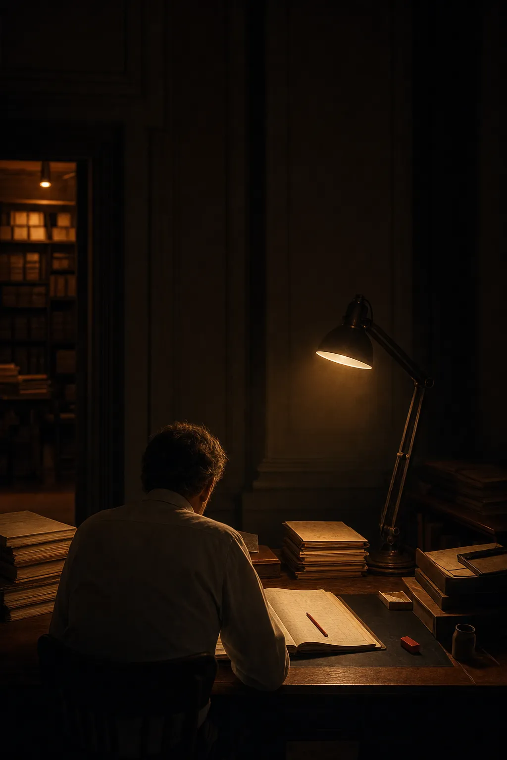 A figure from behind at a lamplit desk at night, the lamp's warm cone rising into darkness, a red pencil resting on the open ledger.