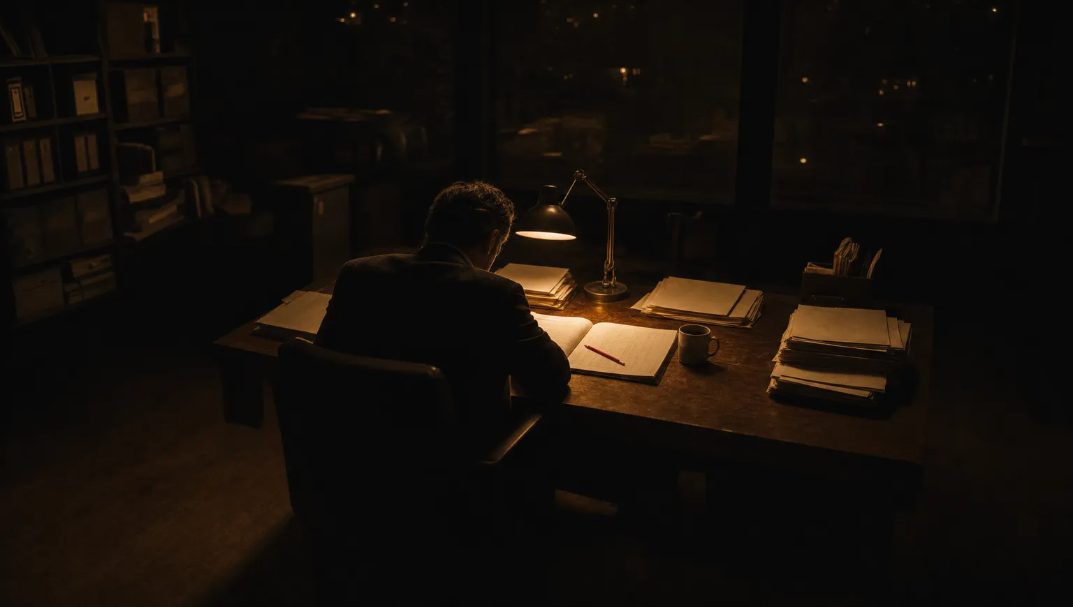 A lone figure seen from behind working at a lamplit desk deep in a dark office, an open ledger and cooling mug in the tungsten pool, a red pencil across the page.