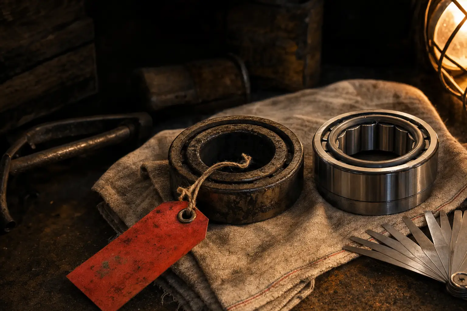 A worn bearing and its new replacement side by side on a shop cloth with feeler gauges, a red tag tied to the old part under caged worklamp light.