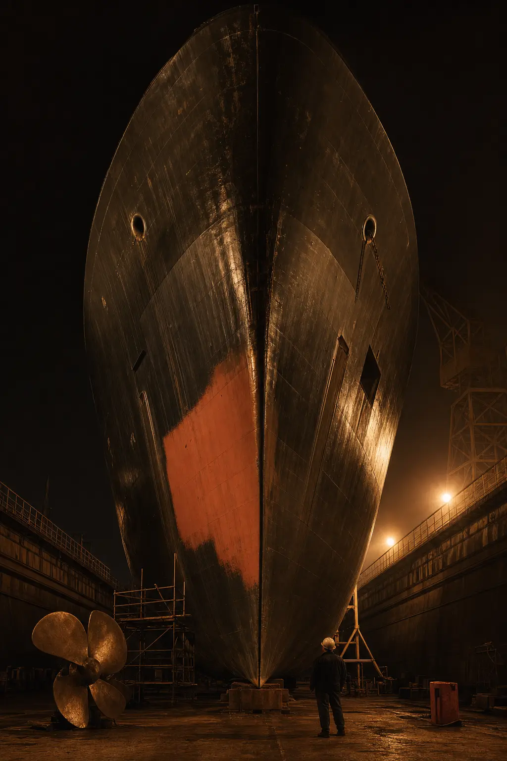 A ship's bow rising floodlit through the full height of frame in night dry dock, one small worker looking up from the staging, terracotta primer on the plating.