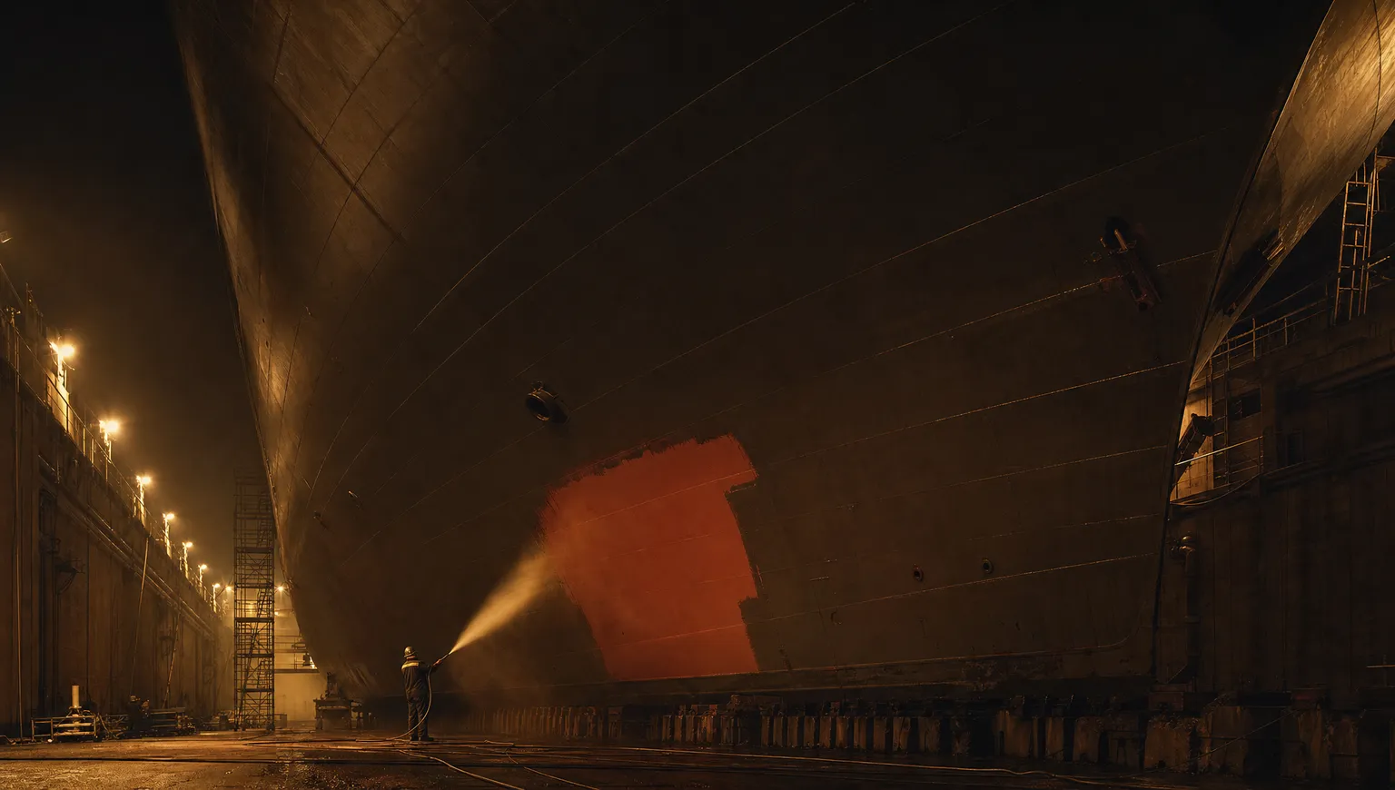 A ship's hull towering in dry dock under warm floodlights at night, a lone worker with a pressure hose at its base and a patch of terracotta primer on the plating.