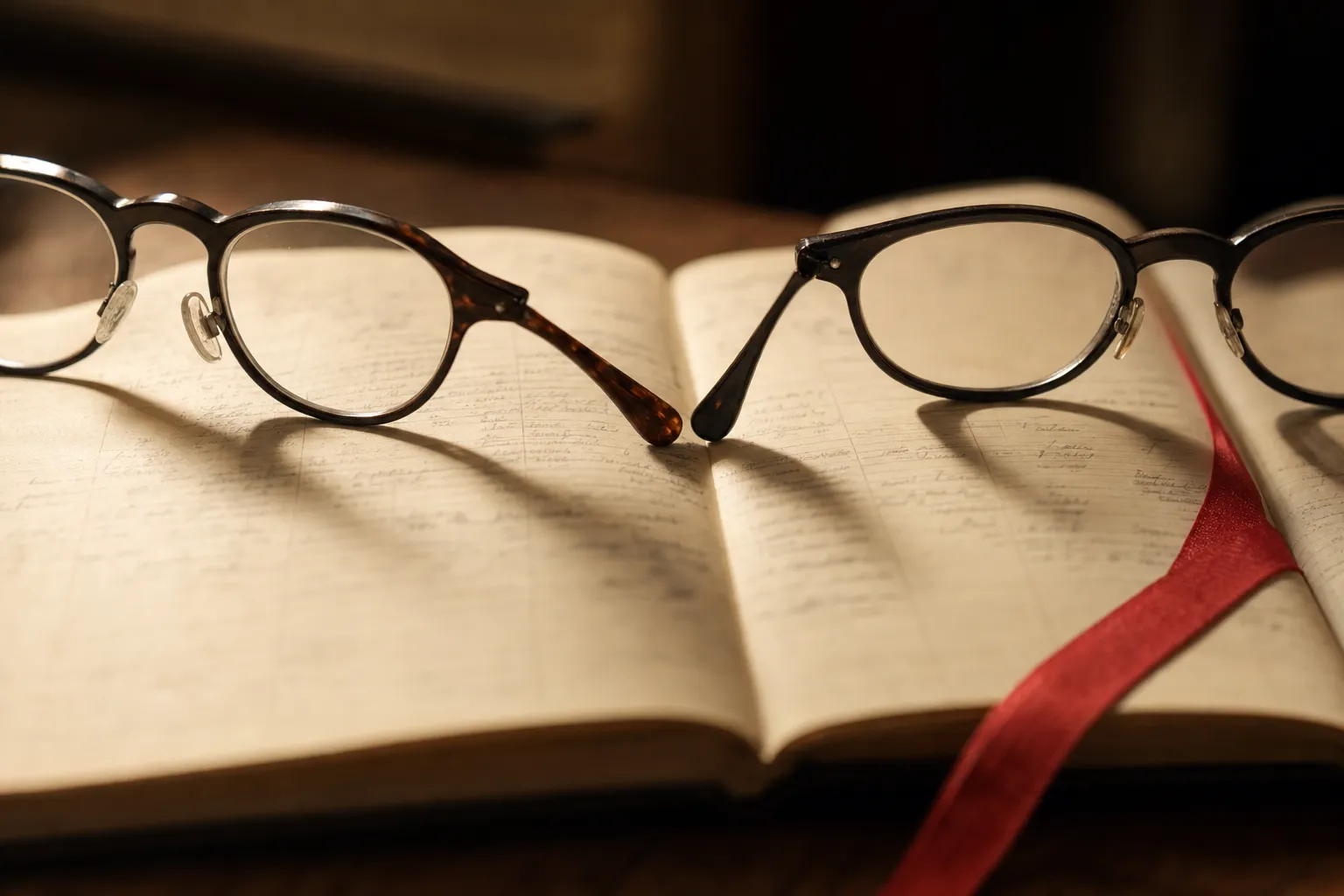 Two pairs of reading glasses resting on the same open ledger page beside a red ribbon bookmark, morning side light across soft unreadable columns of entries.