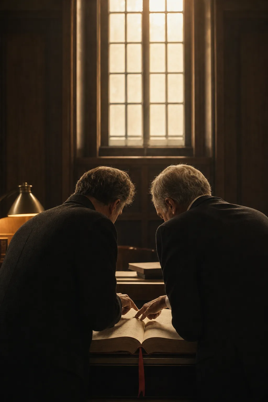 Two partners seen from behind bending over the same ledger line at a desk beneath a tall bright window, a red ribbon bookmark hanging from the spine.