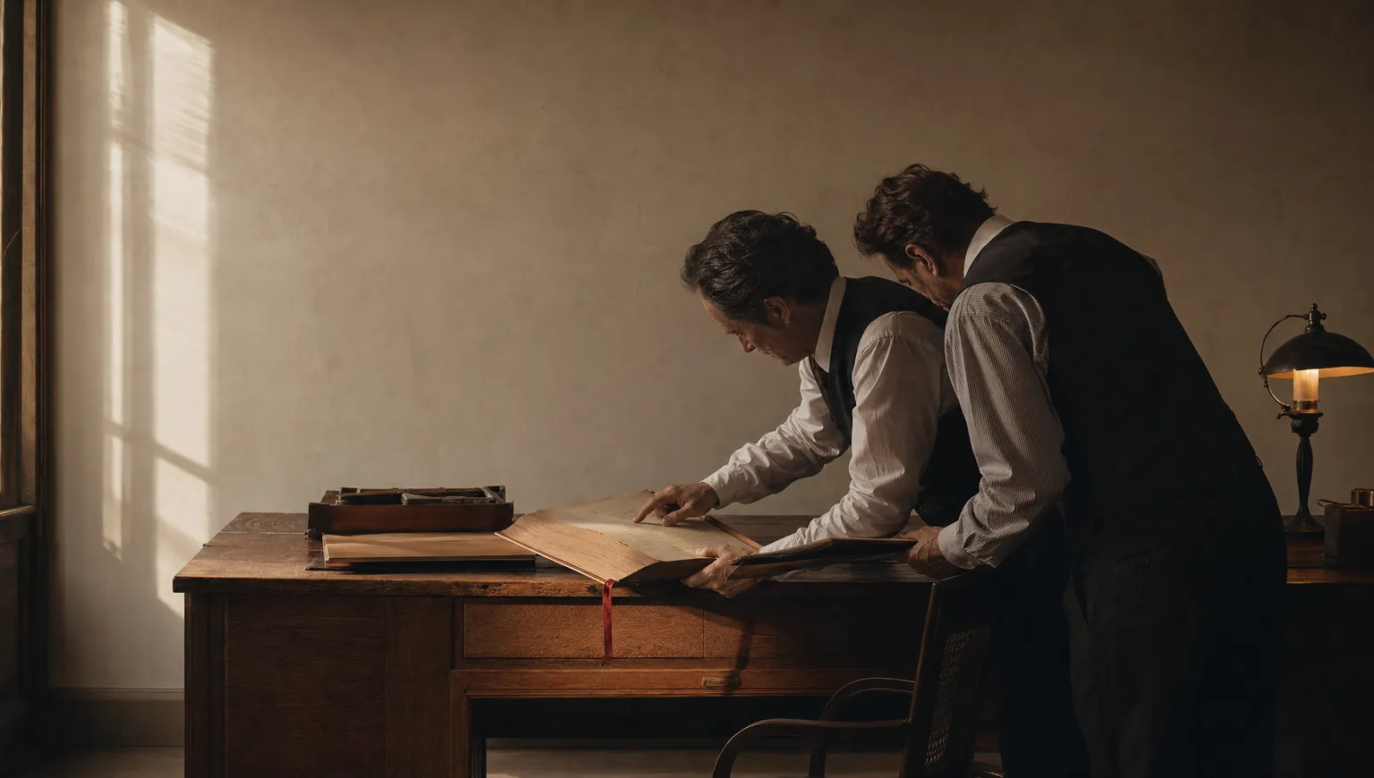 Two partners in deep profile leaning over the same open ledger at a partners' desk, one tracing a line with a fingertip, a red ribbon bookmark hanging from the spine in morning window light.