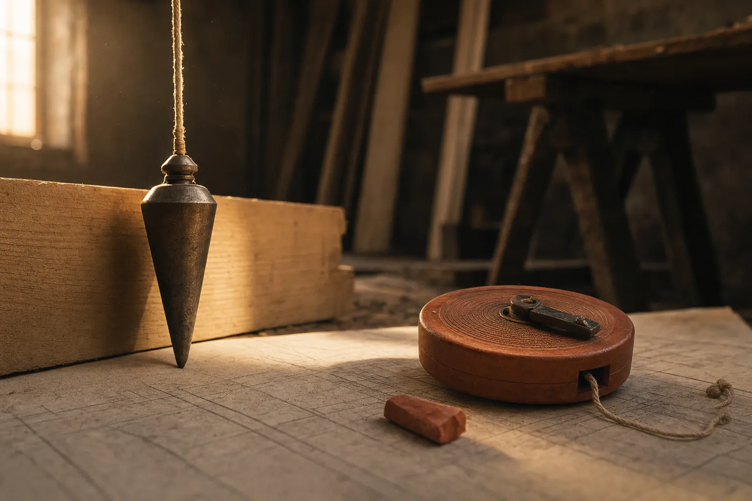 A plumb bob, chalk and a terracotta chalk-line reel resting on unrolled building plans in low golden light.