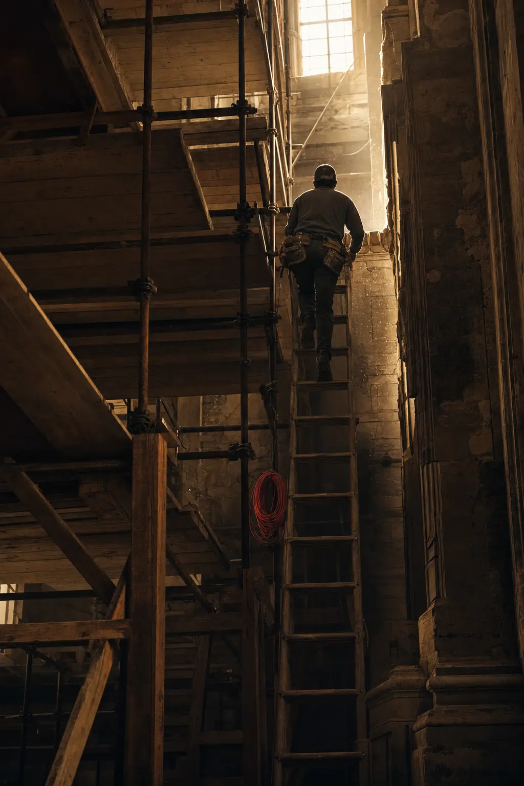 A worker seen from behind climbing scaffold toward a tall sunlit window in a hall mid-renovation, a coil of red marking line hanging from the frame.