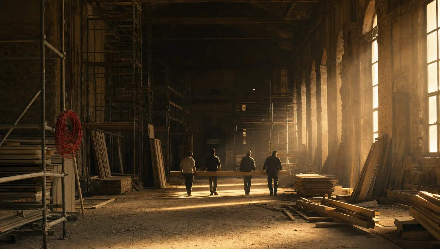 A renovation crew carrying a long beam away through a sunlit industrial hall mid-rebuild, dust turning in god-rays, a coil of red marking line hanging from the near scaffold.