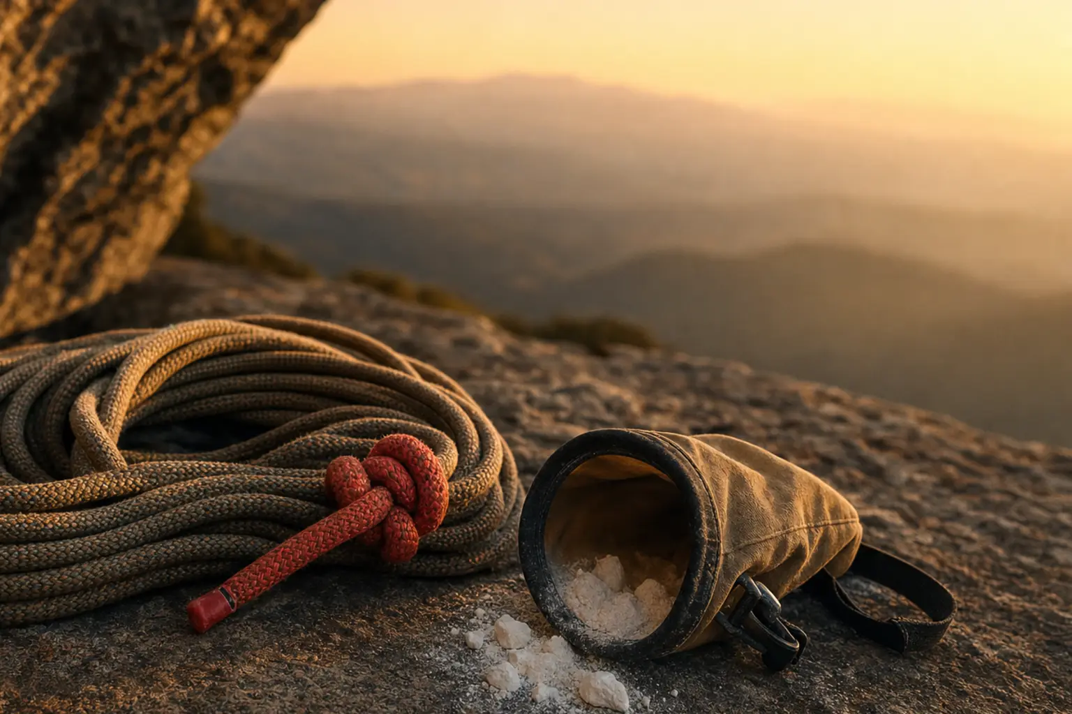 A coiled climbing rope finished with a red safety knot beside a spilling chalk bag on a rock ledge in dawn light.