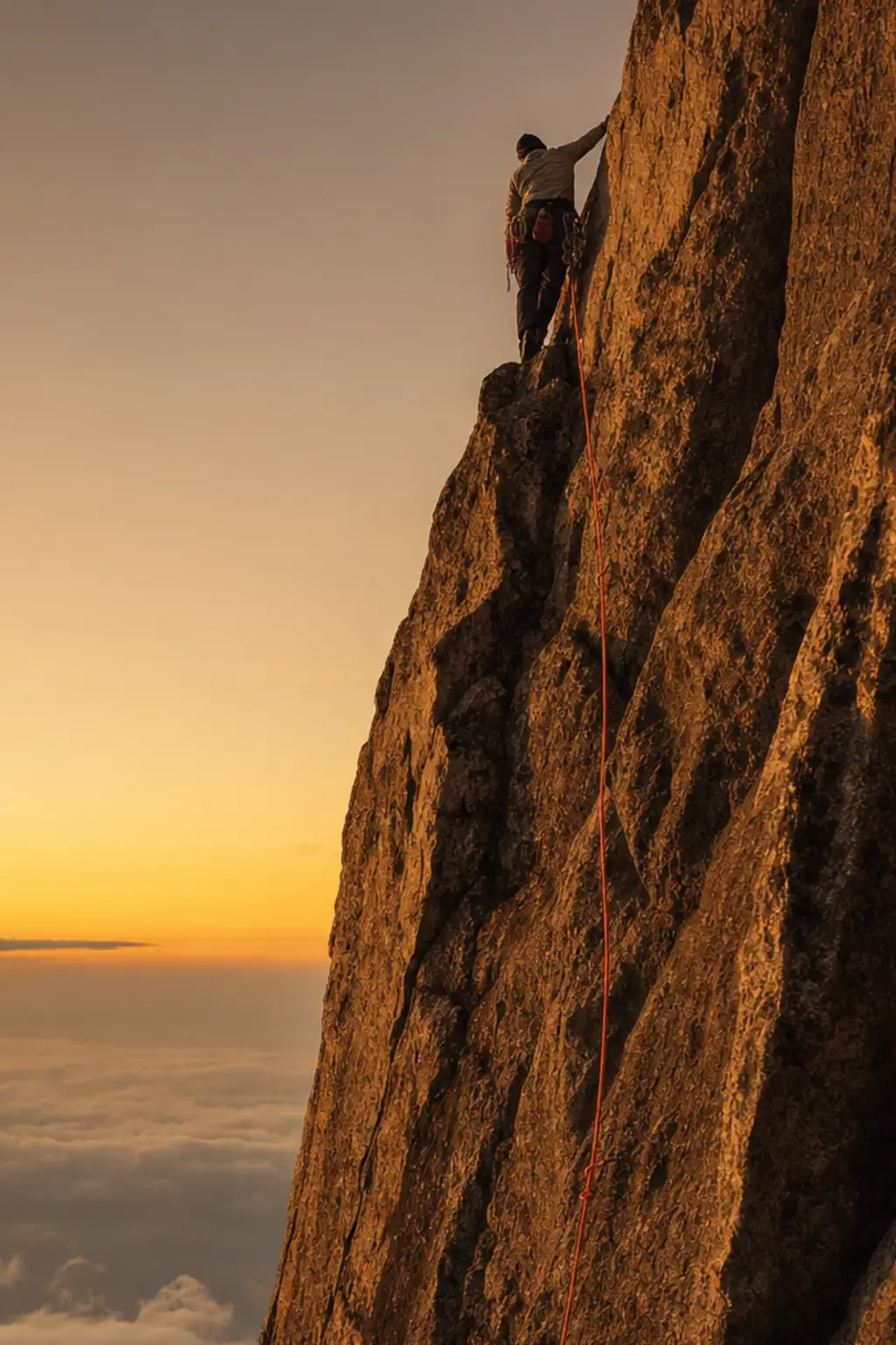 A lone climber near the top of a vertical rock face at dawn, red rope trailing below and cloud tops far beneath.