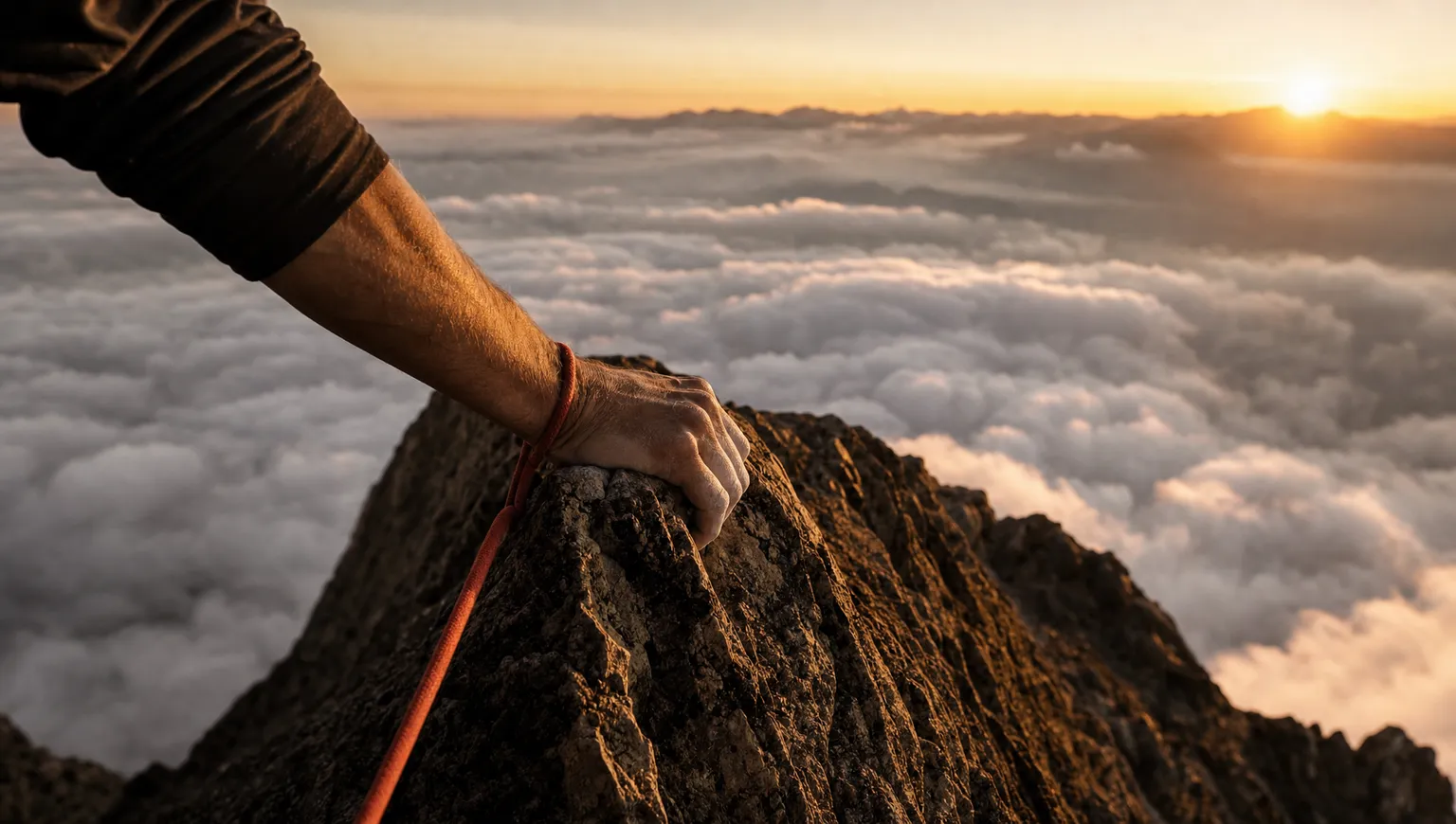A chalked hand gripping a summit ridge above a sea of dawn clouds, a red climbing rope running from the wrist down out of frame.