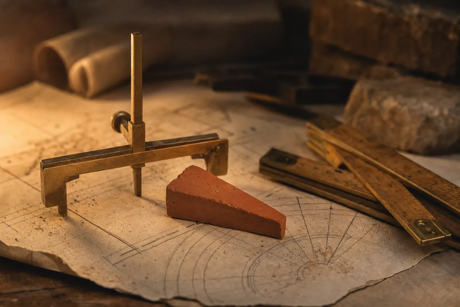 A brass gauge, folding rule and small terracotta keystone wedge resting on curled arch drawings under warm raking lamplight.