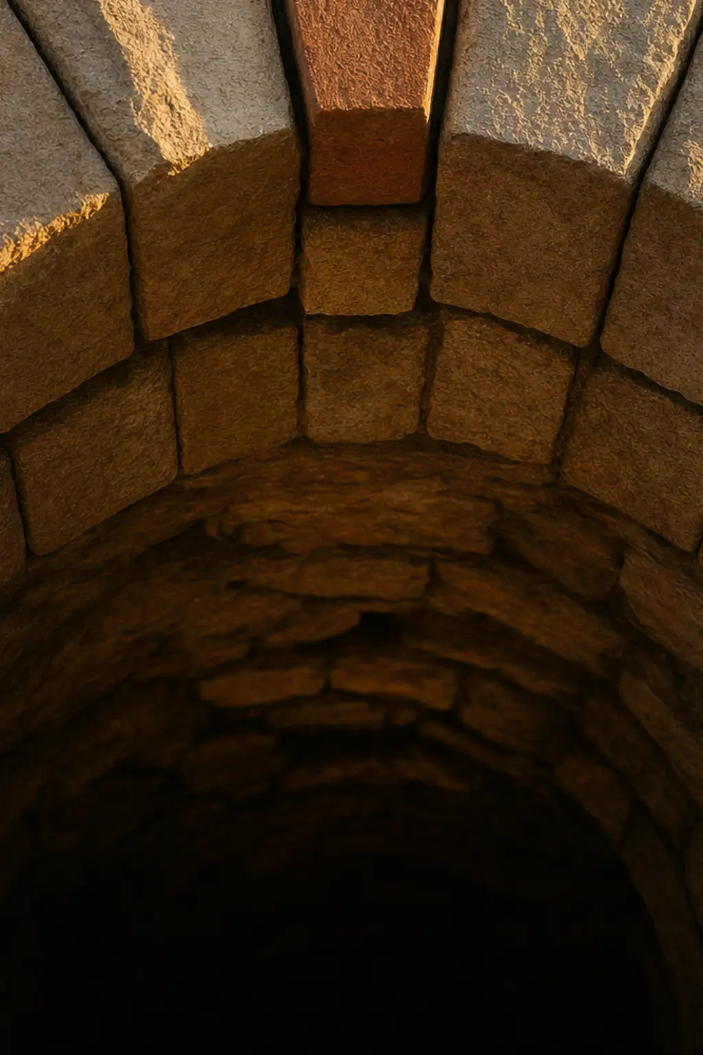 Looking up a stone arch as a mason's hands seat a terracotta-toned keystone at the crown in raking golden light.