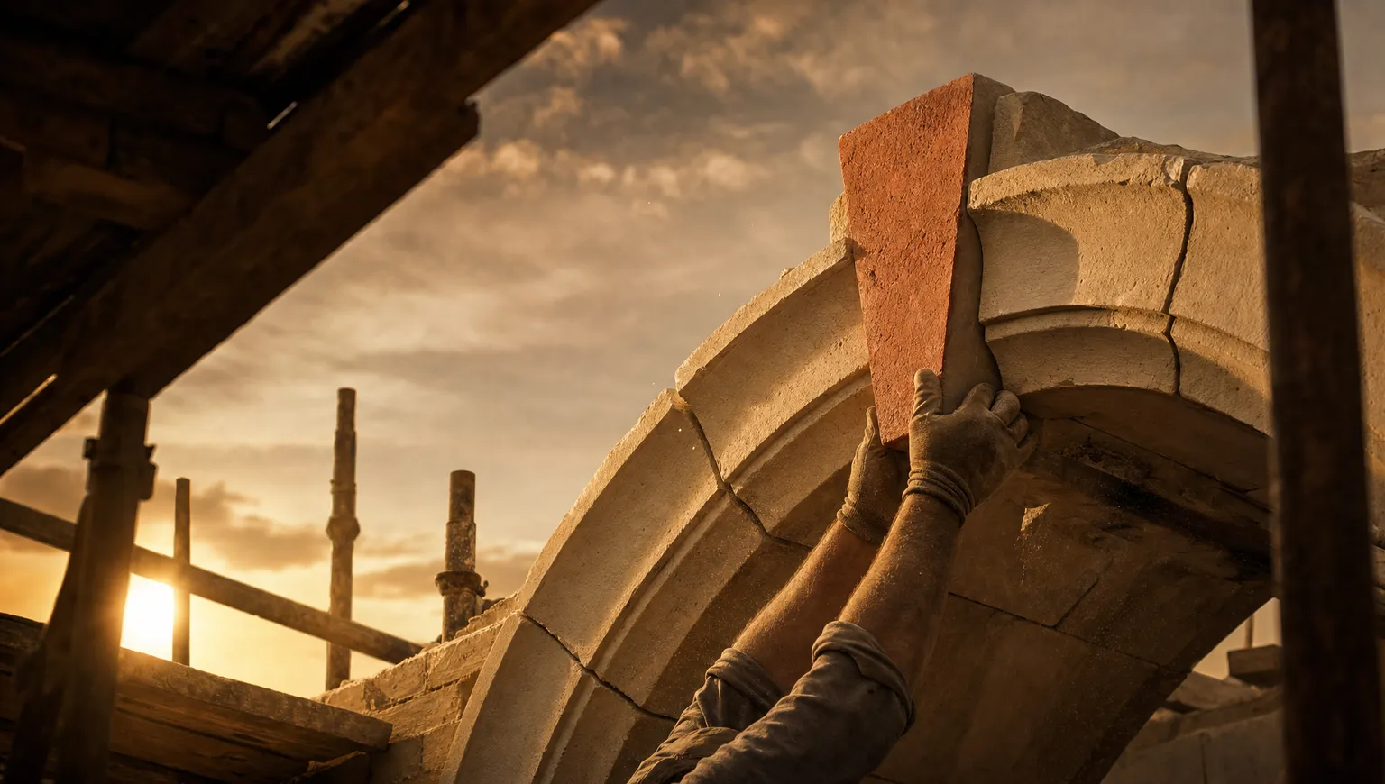 A mason's hands lowering a terracotta-toned keystone into the crown of a stone arch at golden hour, dust hanging in the low sun.