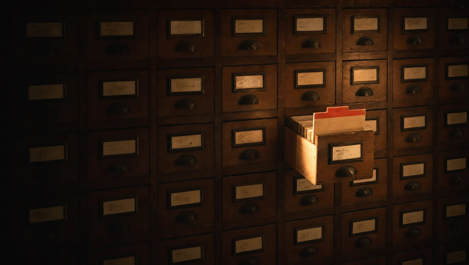 A wall of closed wooden archive drawers with one drawer open and a single folder standing proud, its terracotta tab catching the lamplight.