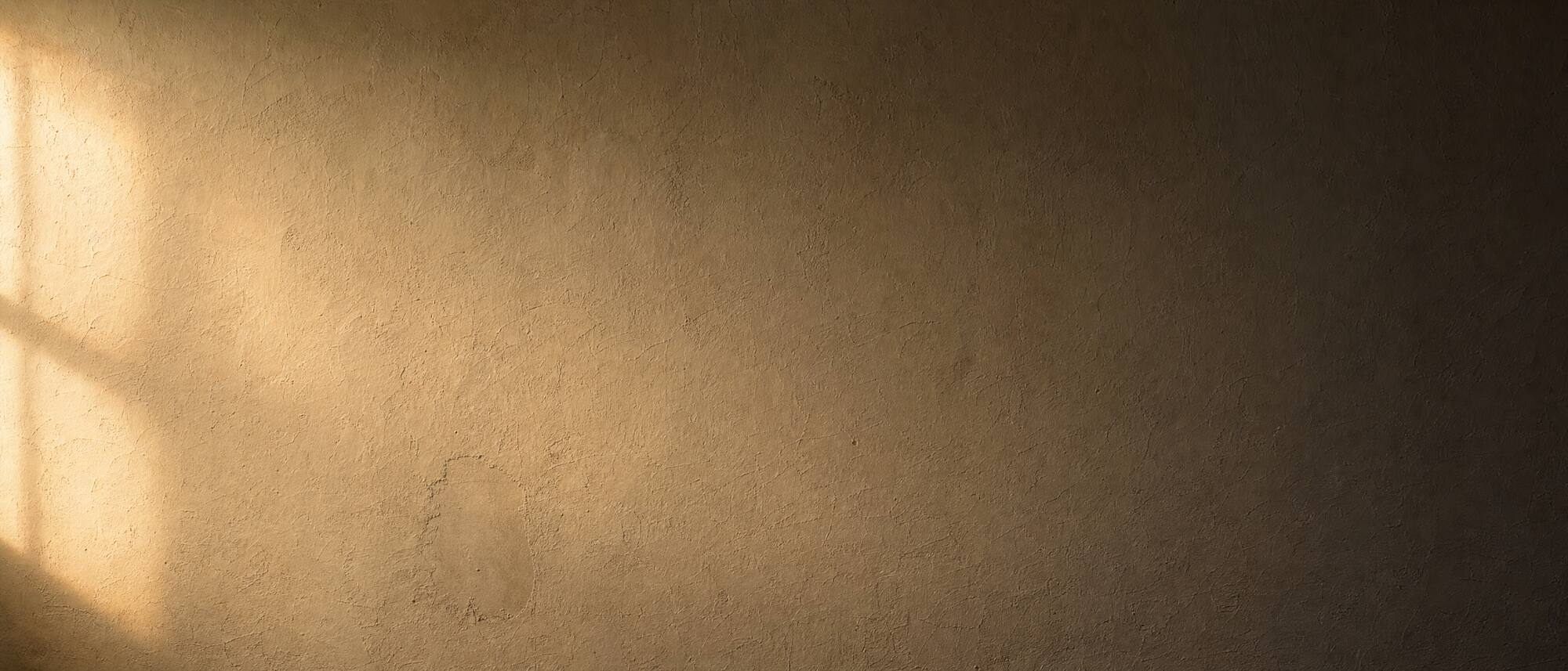 A bare lime-plaster wall in warm bone tones raked by low golden light, trowel texture reading as soft topography and shadow deepening to warm charcoal at one edge.