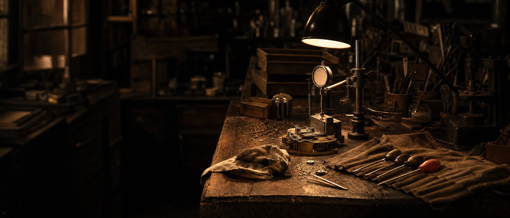 A calibration bench under a single lamp with a dial gauge mid-measurement, tools laid on a cloth roll and one terracotta-handled screwdriver among them.